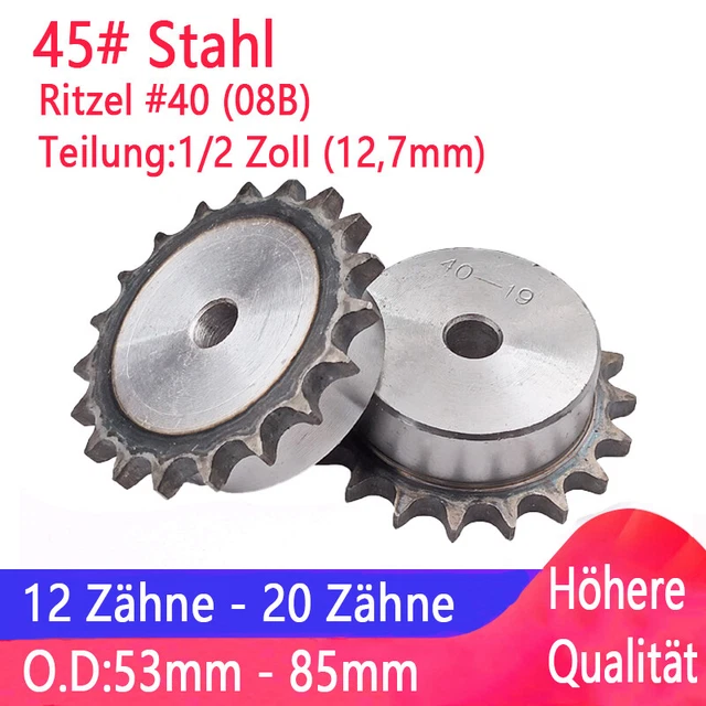 #40 08B Kettenrad 12T - 20T Zähne mit Nabe Kettenräder Pitch 1/2" 12.7mm Ritzel