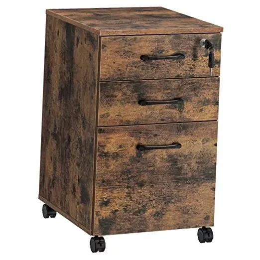 File Cabinet 3 Drawer with Lock, Rolling Mobile Filing Cabinet, Rustic Brown