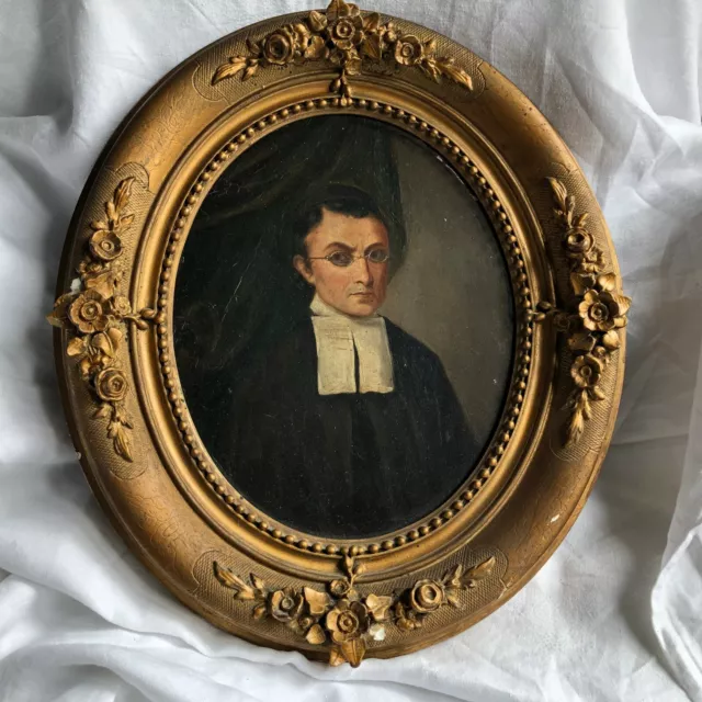 Huile Sur Panneau Portrait Ecclesiastique  19 Eme Siecle Cadre Bois Dore