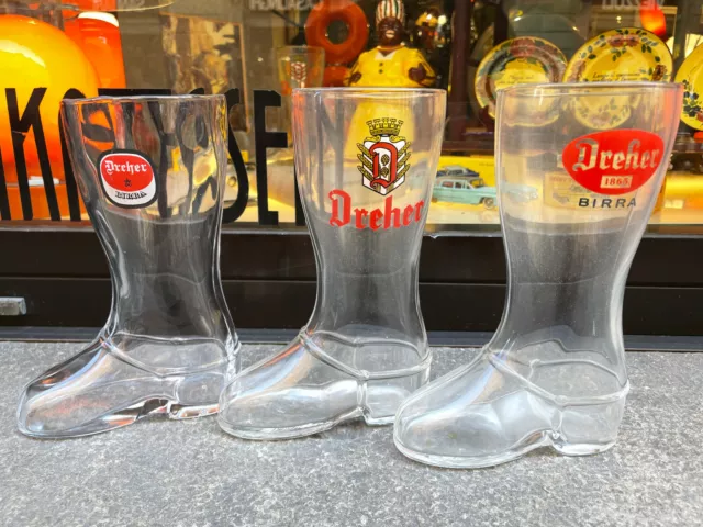 BIRRA DREHER 3 BICCHIERE STIVALE Stiefel vetro glass beer bier Trieste vintage