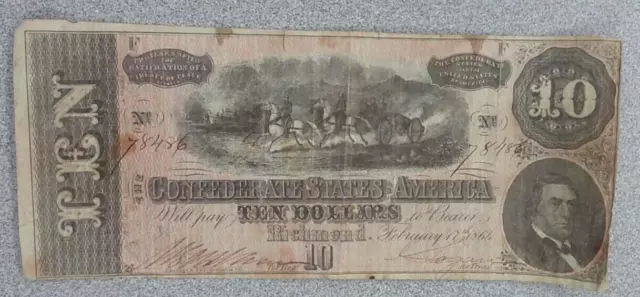 1864 $10 Richmond Confederate States Of America Ten Dollar Bank Note (002)
