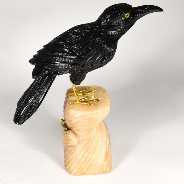9" Black Onyx Crow on Caramel Onyx Base Handmade Decorative Bird Figurine - Peru