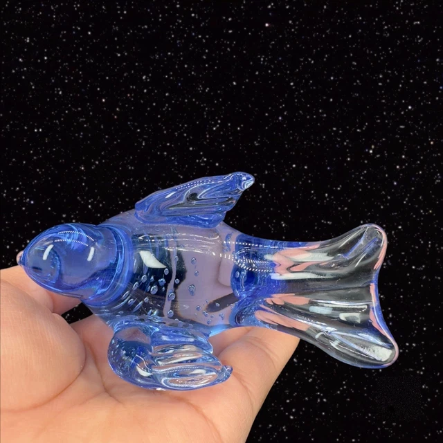 Art Glass Bird Figurine Paperweight With Small Bubbles Blue Glass 4”W 3”T 3