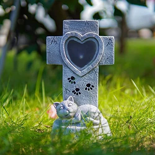 Luz solar de piedra conmemorativa, cruces para marcadores de tumba con figura, gato 3D