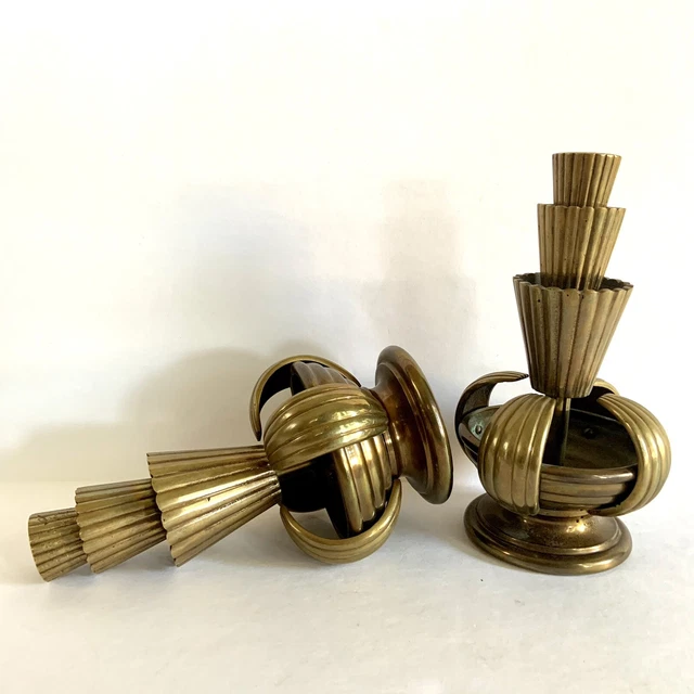 Art Deco Brass Finials Skyscraper Geometric Vintage Heavy 7.5” Drapery Rod Gold