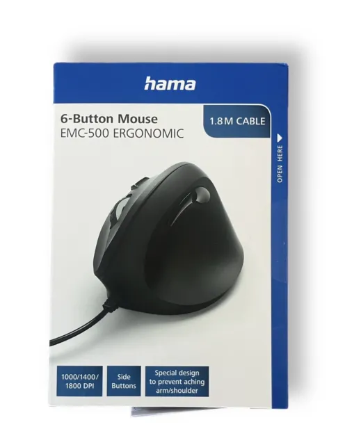Hama EMC-500 Vertikale optische Maus ergonomisch mit USB Kabel 1,80m 1800 DPI
