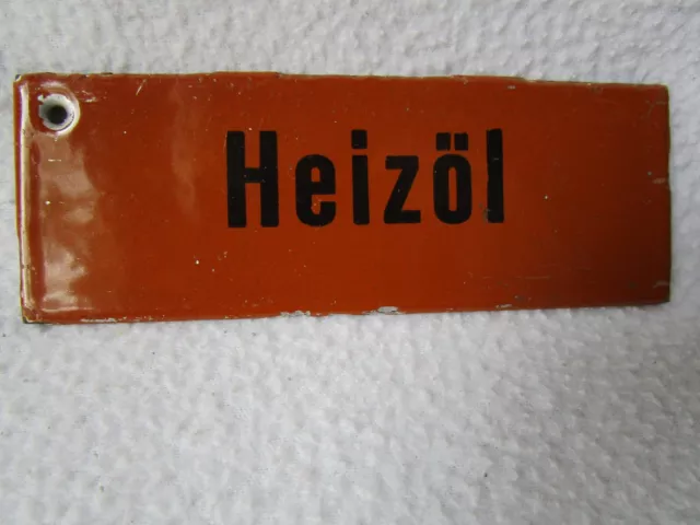 altes Emailschild Emaille HEIZÖL 10,5x4cm Emaille-Schild braun sehr gut erhalten 3