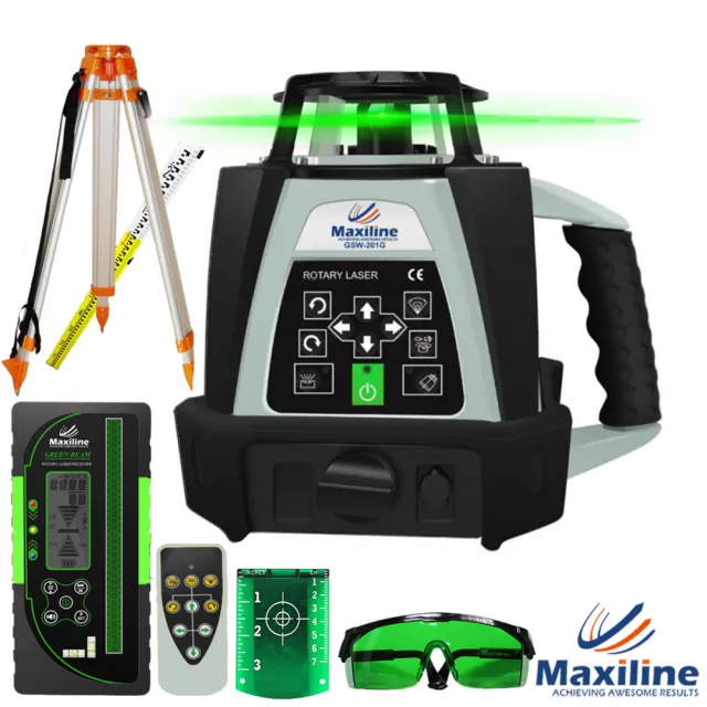 Green Self Level Rotary Laser Level 201G + Digital Detector w Tripod Staff Video