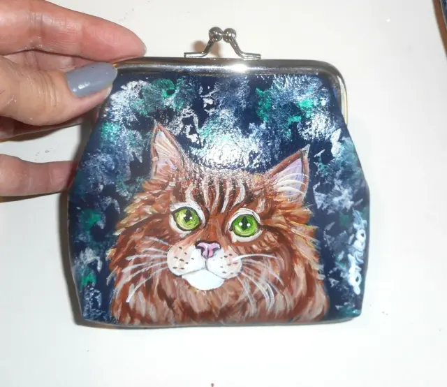 Maine Coon Red Ginger Tabby Cat Coin Change Purse Hand Painted Vegan Clutch