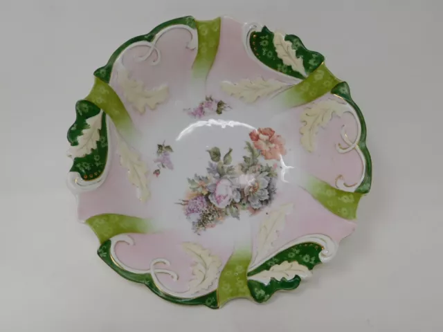 Antique RS Prussia Unmarked Hand Painted Bowl  Green, Pink Floral 10-1/4"D #2