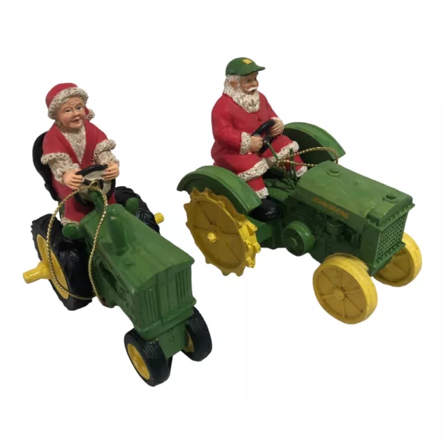 JOHN DEERE Holiday Christmas Santa And Mrs Claus on Tractor Ornaments Lot Of 2