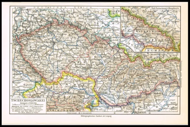Czechoslovakia, Central Europe, Czech Slovak Rep Antique German Map, Meyers 1930