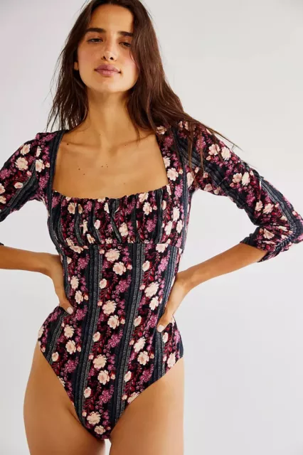 Free People Center Stage Floral Printed Bodysuit in Black/Multi Size M RRP £58