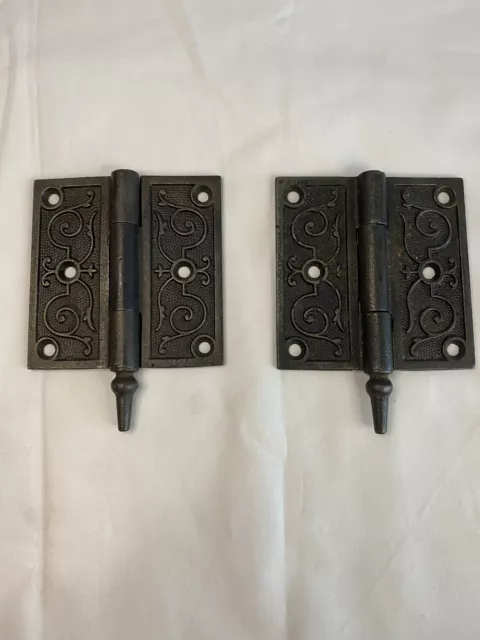 2 Antique Door Hinges 3 1/2 X 3 1/2" Steeple Top Pin Vintage Cast Iron Eastlake