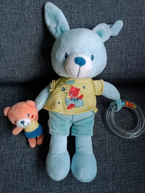 🐻😍Doudou Soft POMMETTE Lapin Bleu Activités Ours Anneau Grelots