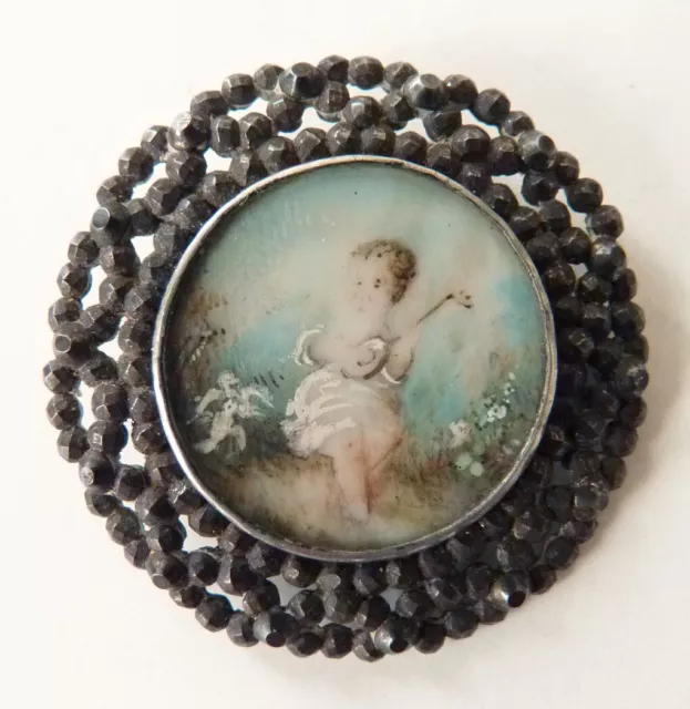 Broche pendentif nacre acier clouté avec peinture miniature Napoléon III  19e