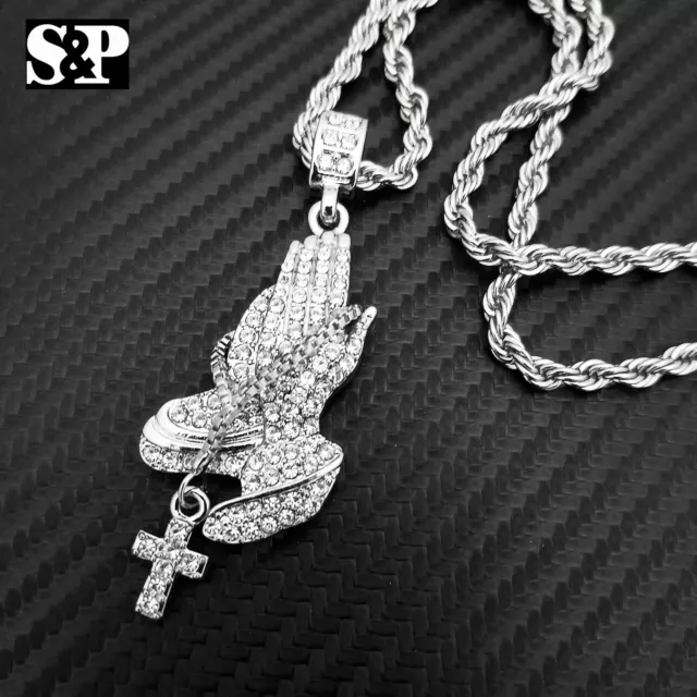 Hip Hop Silver Tone Iced Prayer's Hands Cz Pendant & 24" Rope Chain Necklace