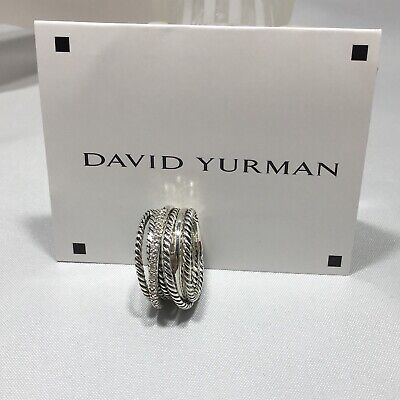 David Yurman Sterling Silver 925 Crossover Wide Ring with Pave Diamonds Size 5