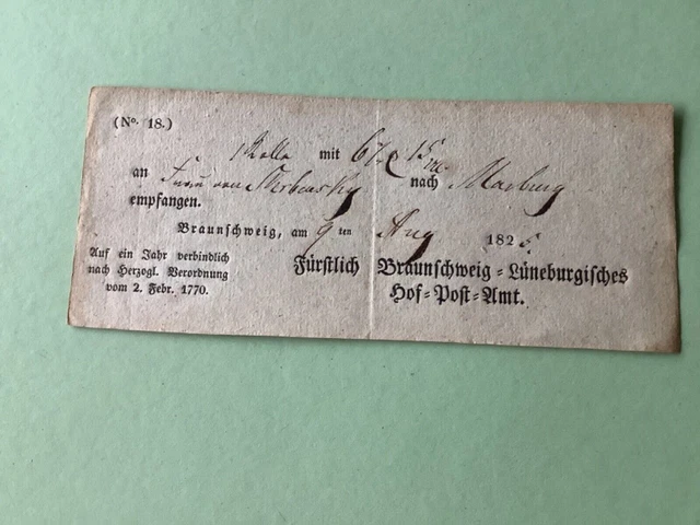 Braunschweig 1825 Prephilately postal note receipt Ref A1489