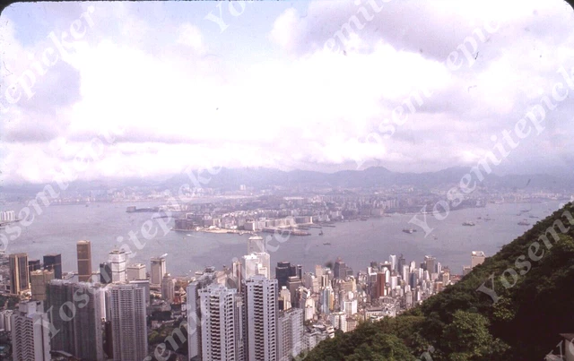 Sl68 Original slide 1980's  Hong Kong bay skyline aerial view 453a