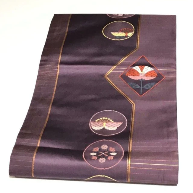 8422# Japanese Vintage Nagoya Obi Belt kimono Pure Silk Gold Thread Purple