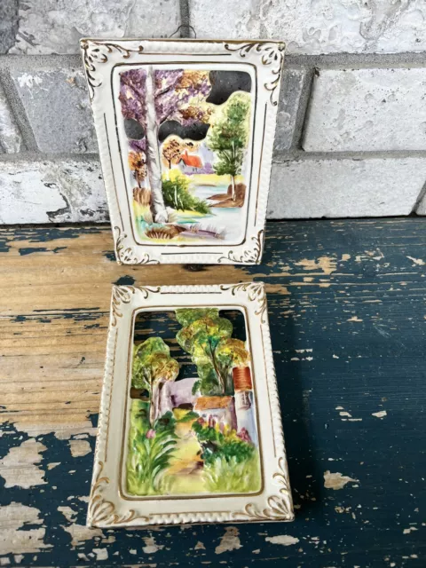 Vtg Ucagco Ceramic Japan Set of 2 Wall Hanging Pictures House Water Trees Scene