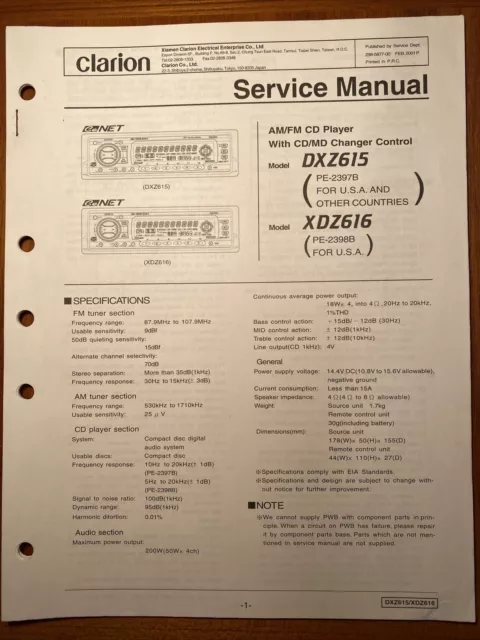 Clarion Dxz615 Xdz616 Am/Fm Stereo Cd Player Original Service Repair Manual