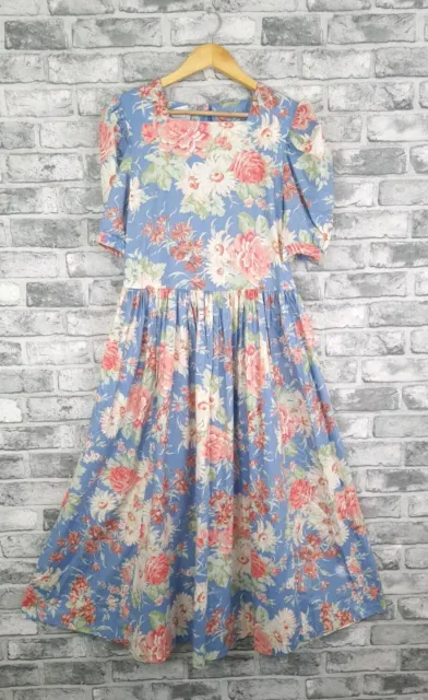 Vintage Laura Ashley Dress Size 12 Floral Blue Full Length Cotton