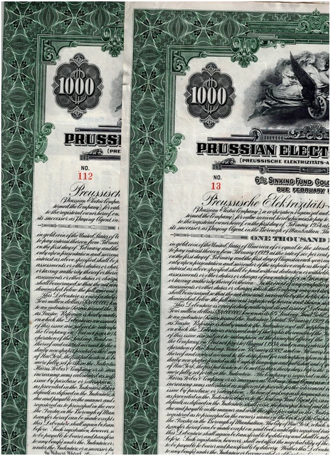 Set 5 Prussian Electric Co., 1929, $1000 Gold Bond, cancelled/ coupons, VF