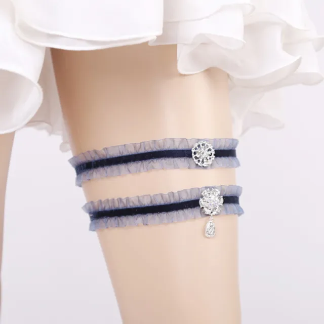 2X Floral Embroidery Elastic Wedding Garters Rhinestone Bride Garter Belt  Decor