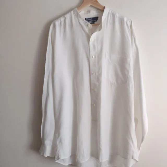 Polo Ralph Lauren Mens White Linen Dress Shirt Size XL Relaxed Fit Band Collar