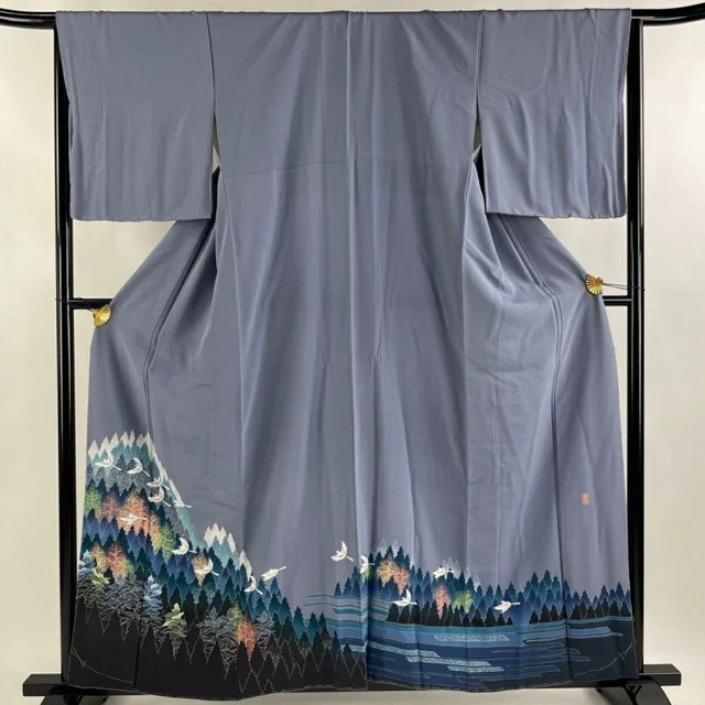 Woman Japanese Kimono Iro-Tomesode Silk Crest Landscape Tree Bird Purple 藤舟