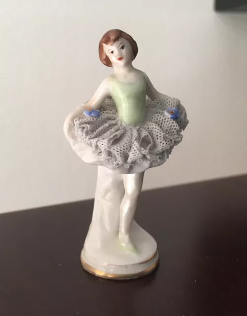 Antique Volkstedt Porcelain Dresden Lace Miniature Ballerina Vintage ￼Dancer