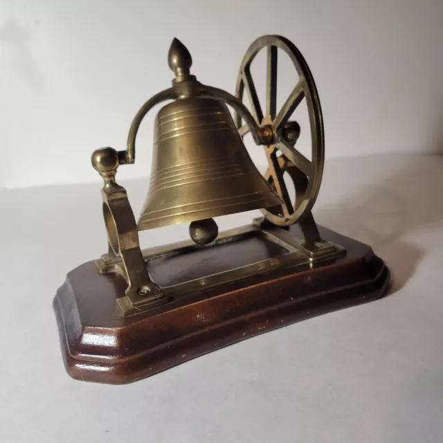 Vintage Solid Brass Bell with Hand Pulley Wheel - Wooden Base