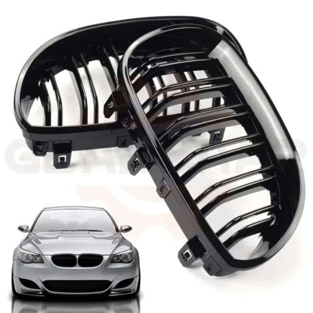 For BMW E60 E61 5 Series 03-10 Gloss Black Dual Slats Front Kidney Grille Grills