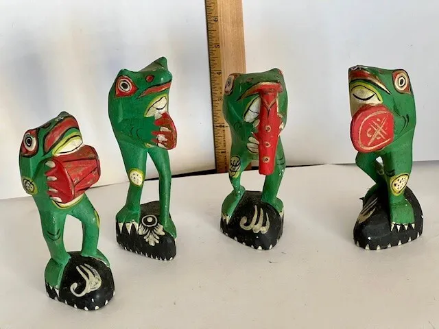 Vintage Hand Carved Wooden 4 Piece Frog Band Folk Art