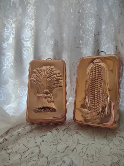 Vintage Pair Of Corn And Wheat Hanging Jello Copper Molds