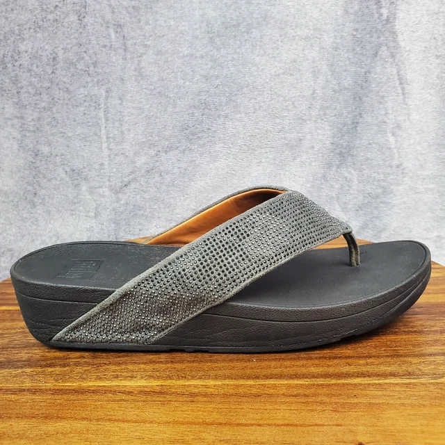 FitFlop Sandals Women's 10 Gray Pewter Black Toe Post Thong Rhinestones Comfort