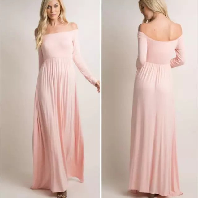 PinkBlush Maternity Pink Off the Shoulder Long Sleeve Maxi Dress Size M