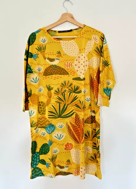 Gudrun Sjoden Tunic Dress Size Small Yellow Cactus Floral Printed Jersey