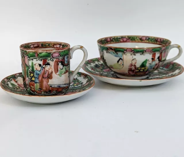 Antique Rose Medallion Porcelain Cup and Saucers Tea and Demitasse 1890s