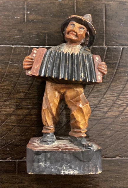 Vintage Hand Carved Wooden Black Forest Musician Figure Accordion Player