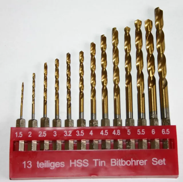 13 tlg Bit-Bohrer Set HSS TIN f. Bithalter 1,5 - 6,5mm