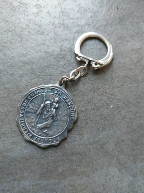 ancienne porte clés métal argenté blason médaille saint Christophe