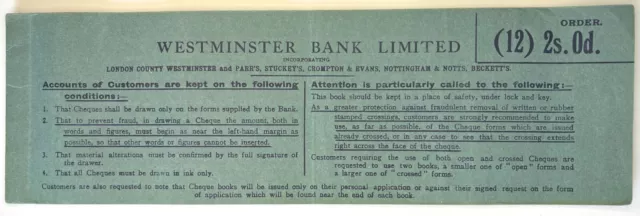 Mid 20th Century Westminster Bank Limited Cheque Book 5 Unused Cheques (W1)