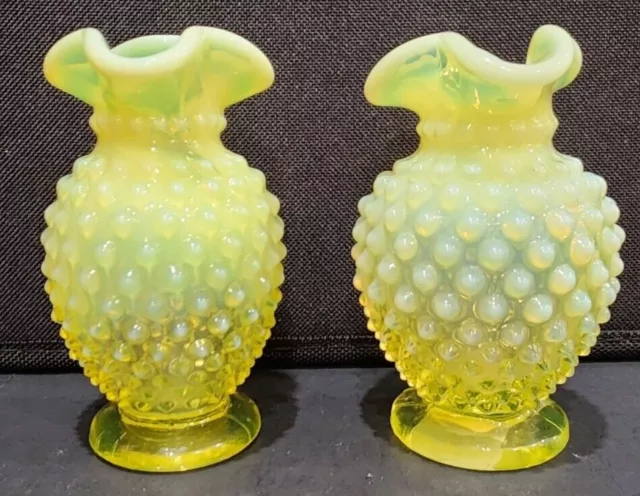 2 Vintage Fenton Hobnail Opalescent Mini Bud Vase Yellow Vaseline 1930s- GLOWS