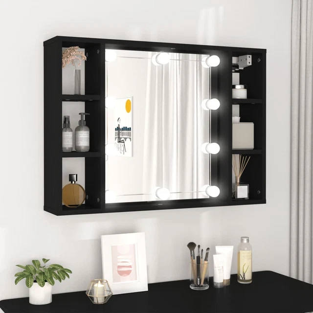 Armoire à Miroir LED VidaXL Noir - Meuble Salle De Bain Moderne Avec 4 Étagères, Lumière USB Chaud/Froid, Rangement Maquillage & Cosmétiques