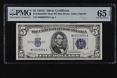 $5 1934C Mule bp 637 PMG 65 EPQ blue seal Silver Certificate M60008884A GEM CU