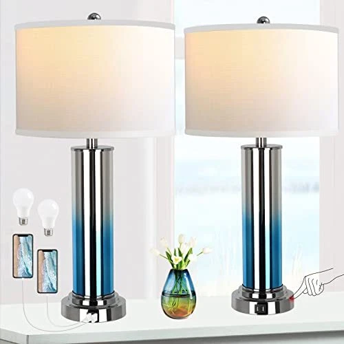 PARTPHONER Set of 2 Table Lamps with USB Ports Contemporary Bedside Lamp with...