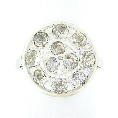Antique Art Deco 14K White Gold 1.25ct Old Mine Cut Diamond Cluster Platter Ring